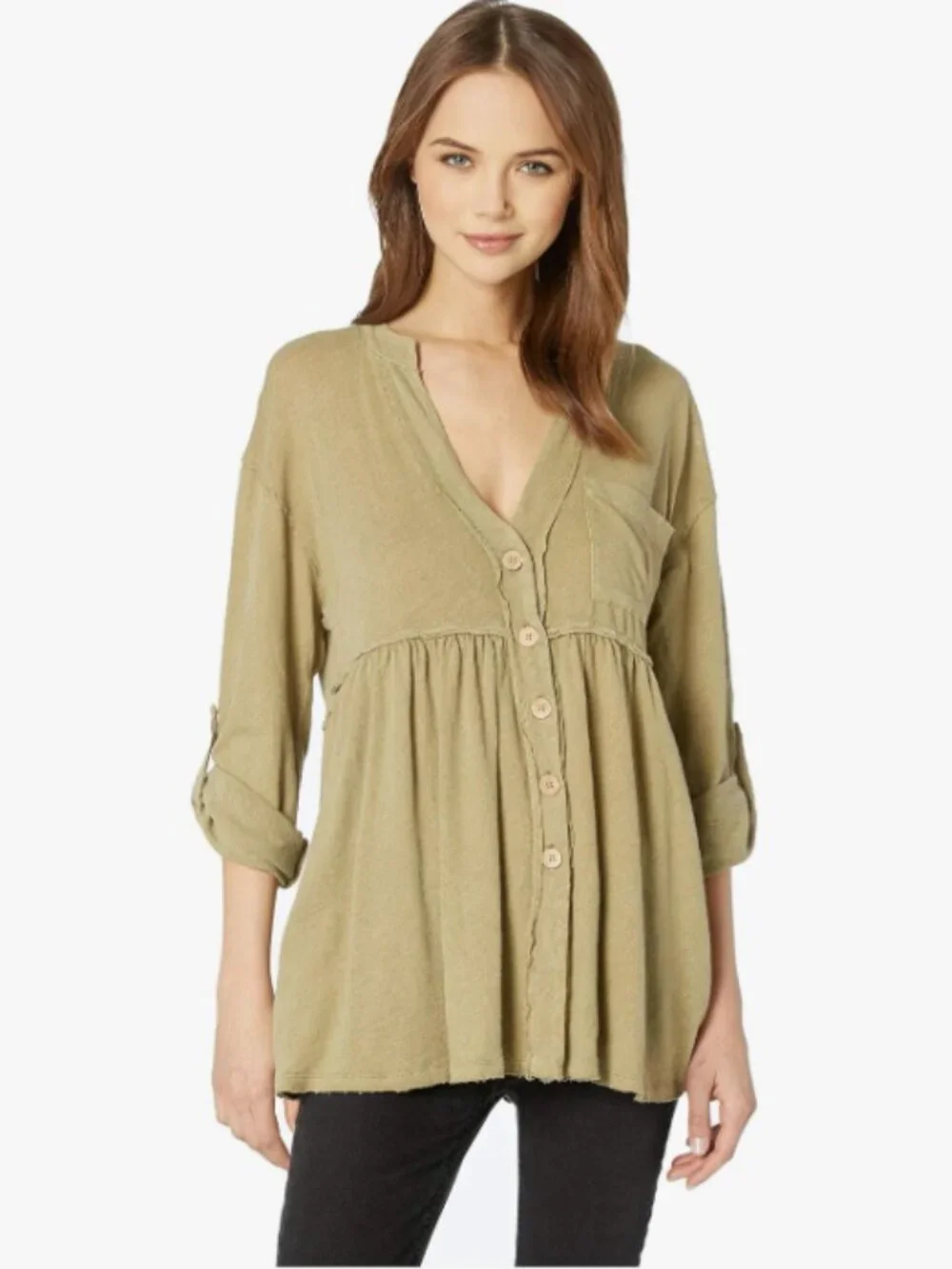 WE THE FREE I Flowy Long Sleeve Spring Green Button-Front JOLIN Peplum Top, S